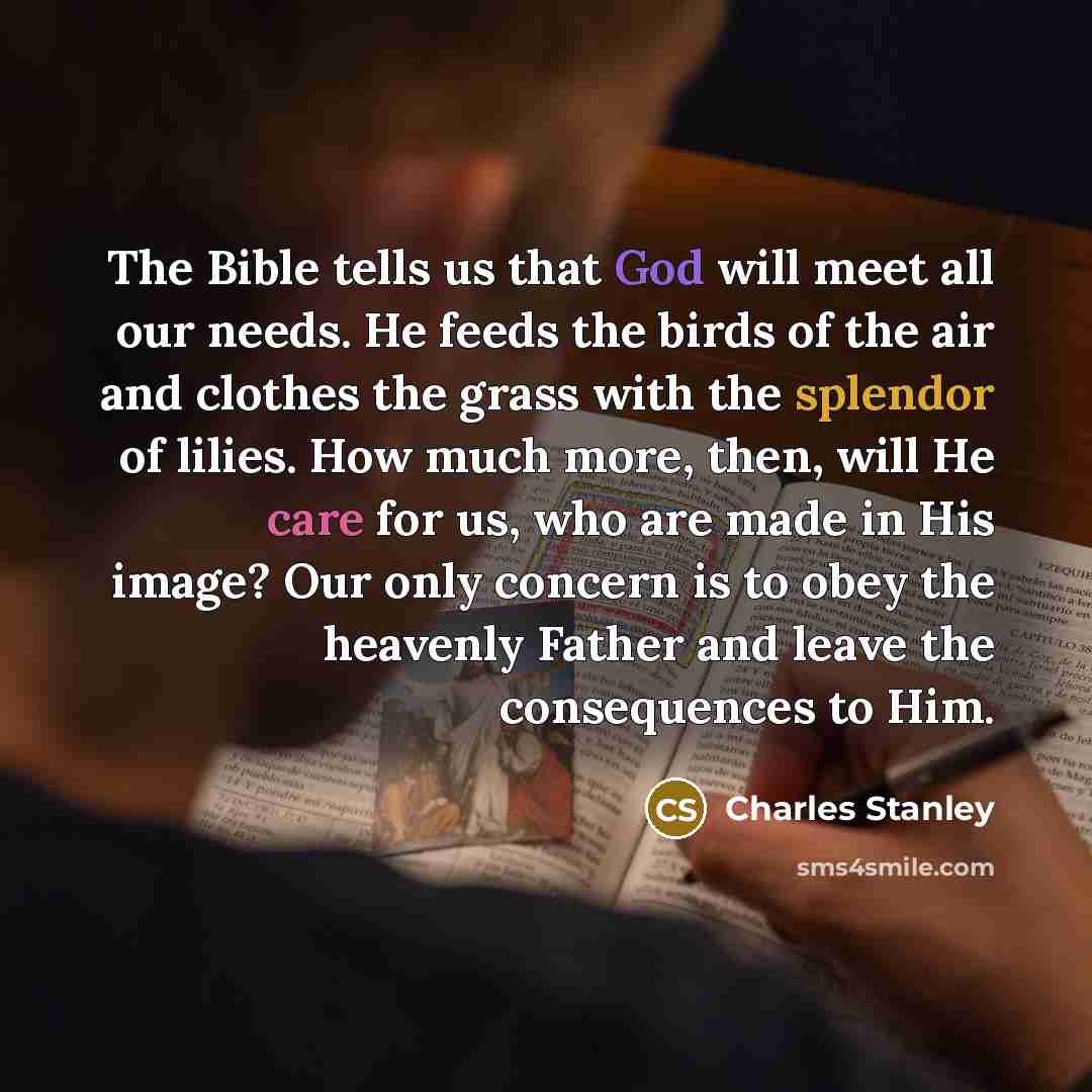 “The Bible tells us that God will meet all our…” quote by Charles Stanley