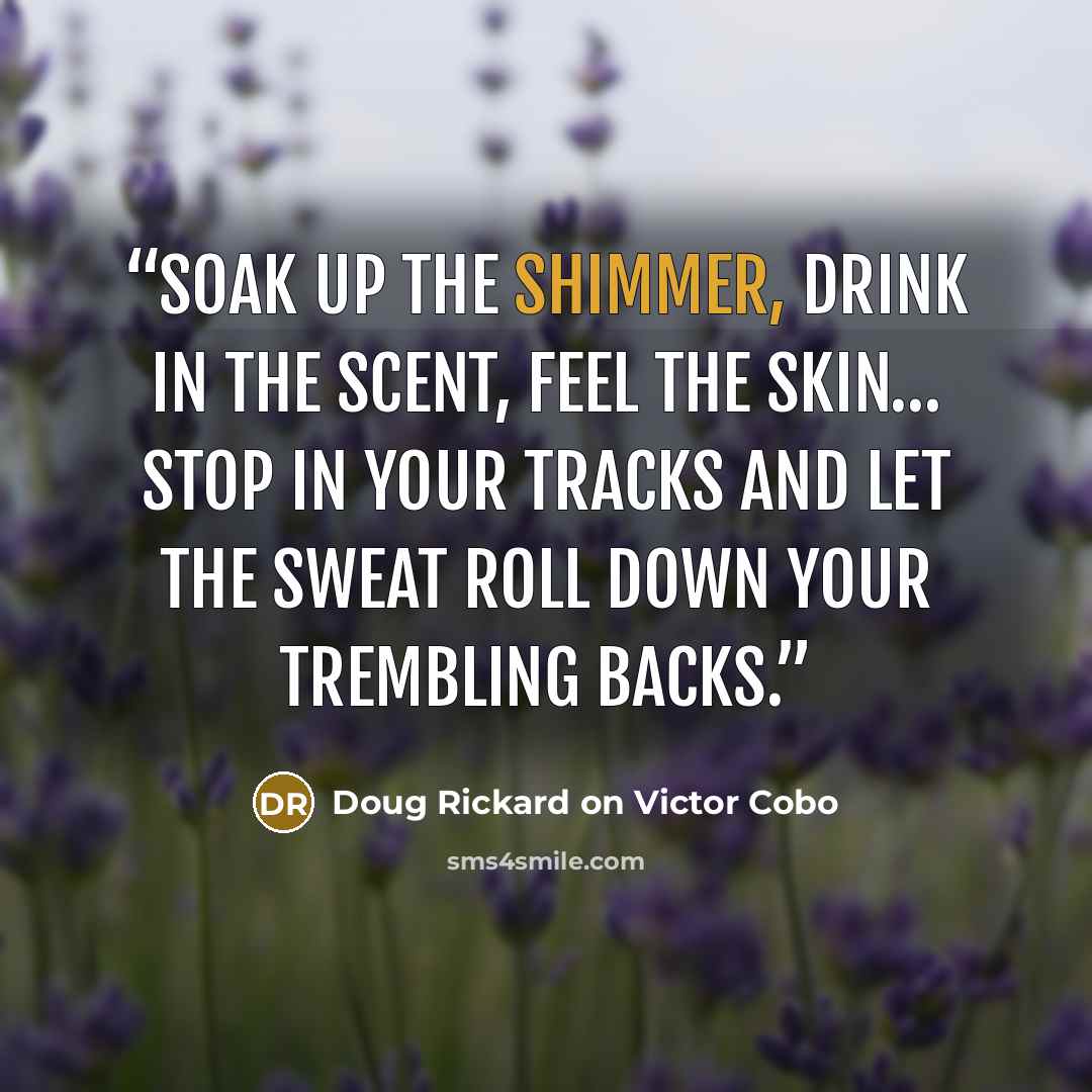“Soak up the shimmer, drink in the scent, feel the skin… stop in your tracks and let the sweat roll down your trembling backs.” quote by Doug Rickard on Victor Cobo