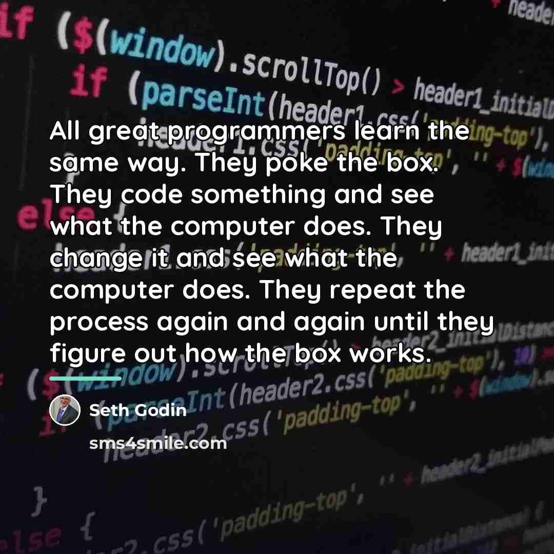 “All great programmers learn the same way. They poke the…” quote by Seth Godin