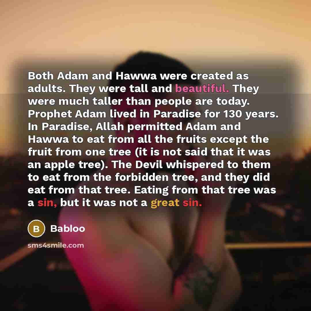 “Both Adam and Hawwa were created as adults. They were tall and beautiful. They were much taller than people are today. Prophet Adam lived in Paradise for 130 years. In Paradise, Allah permitted Adam and Hawwa to eat from all the fruits except the fruit from one tree (it is not said that it was an…” quote by Babloo