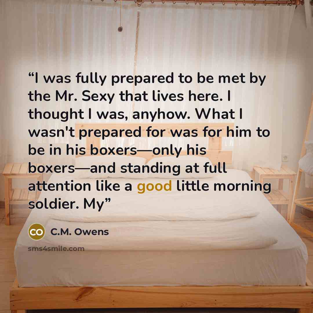 “I was fully prepared to be met by the Mr. Sexy that lives here. I thought I was, anyhow. What I wasn't prepared for was for him to be in his boxers—only his boxers—and standing at full attention like a good little morning soldier. My” quote by C.M. Owens
