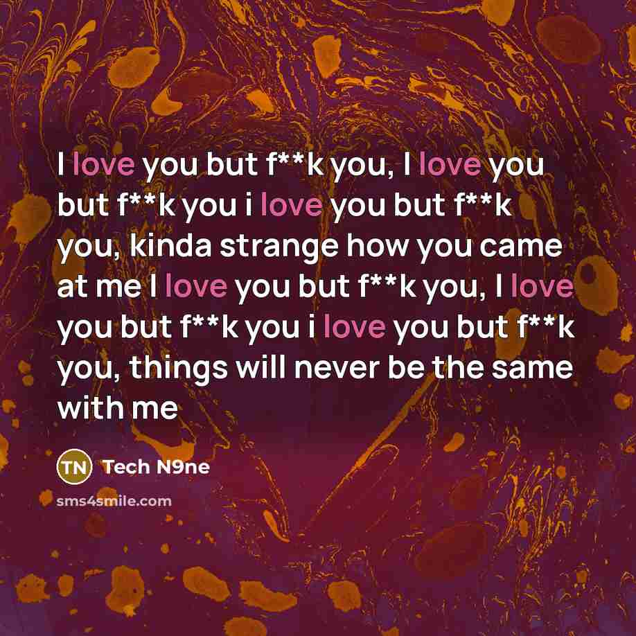 “I love you but f**k you, I love you but f**k you i love you but f**k you, kinda strange how you came at me I love you but f**k you, I love you but f**k you i love you but f**k you, things will never be the same with me” quote by Tech N9ne