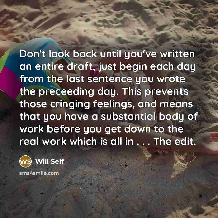 “Don't look back until you've written an entire draft, just…” quote by Will Self