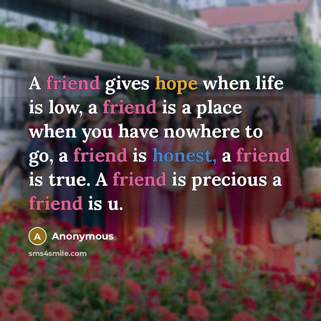 “A friend gives hope when life is low, a friend…” quote by Anonymous