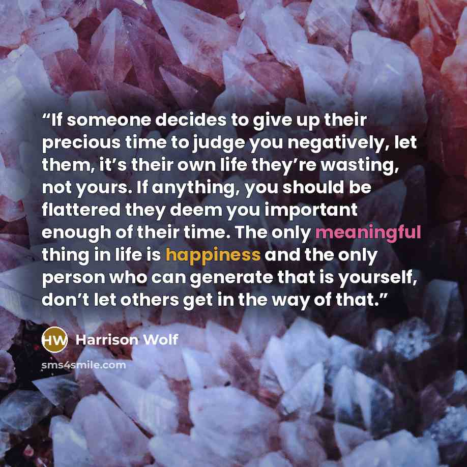 “If someone decides to give up their precious time to judge you negatively, let them, it’s their own life they’re wasting, not yours. If anything, you should be flattered they deem you important enough of their time. The only meaningful thing in life is happiness and the only person who can…” quote by Harrison Wolf
