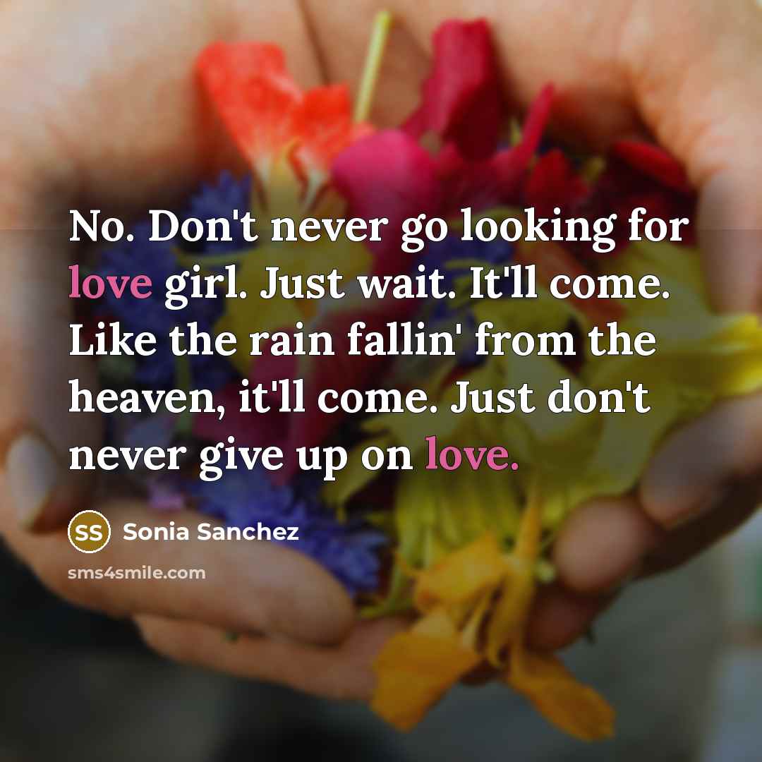 “No. Don't never go looking for love girl. Just wait.…” quote by Sonia Sanchez
