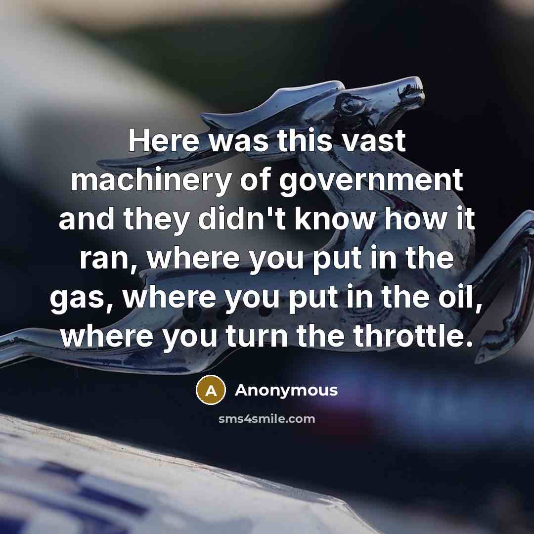 “Here was this vast machinery of government and they didn't know how it ran, where you put in the gas, where you put in the oil, where you turn the throttle.” quote by Anonymous