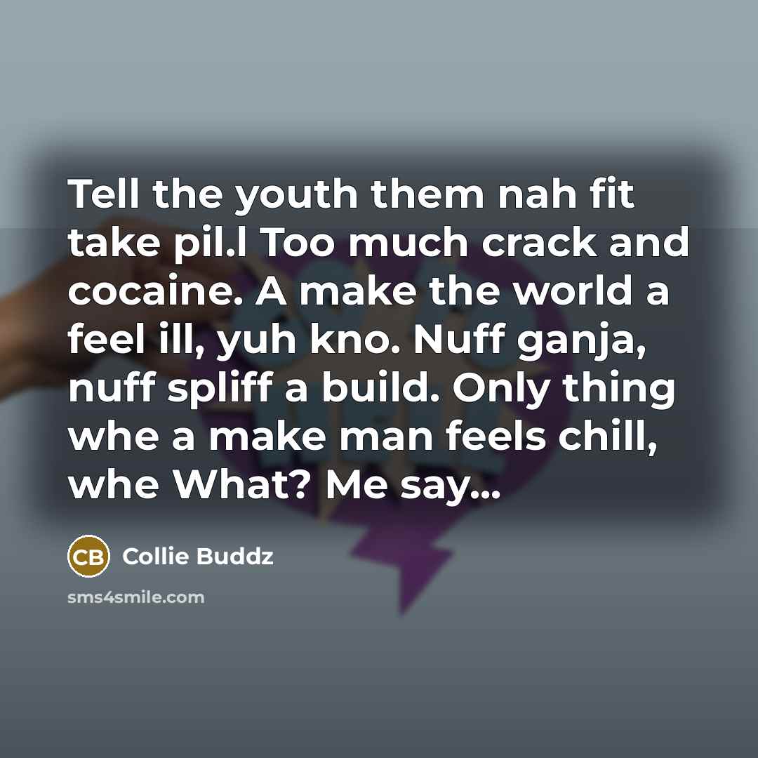“Tell the youth them nah fit take pil.l Too much crack and cocaine. A make the world a feel ill, yuh kno. Nuff ganja, nuff spliff a build. Only thing whe a make man feels chill, whe What? Me say...” quote by Collie Buddz