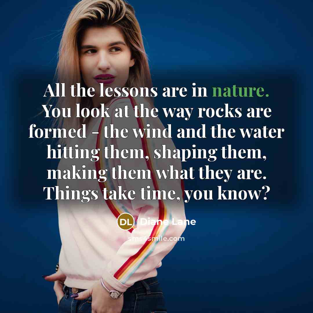 “All the lessons are in nature. You look at the way rocks are formed - the wind and the water hitting them, shaping them, making them what they are. Things take time, you know?” quote by Diane Lane
