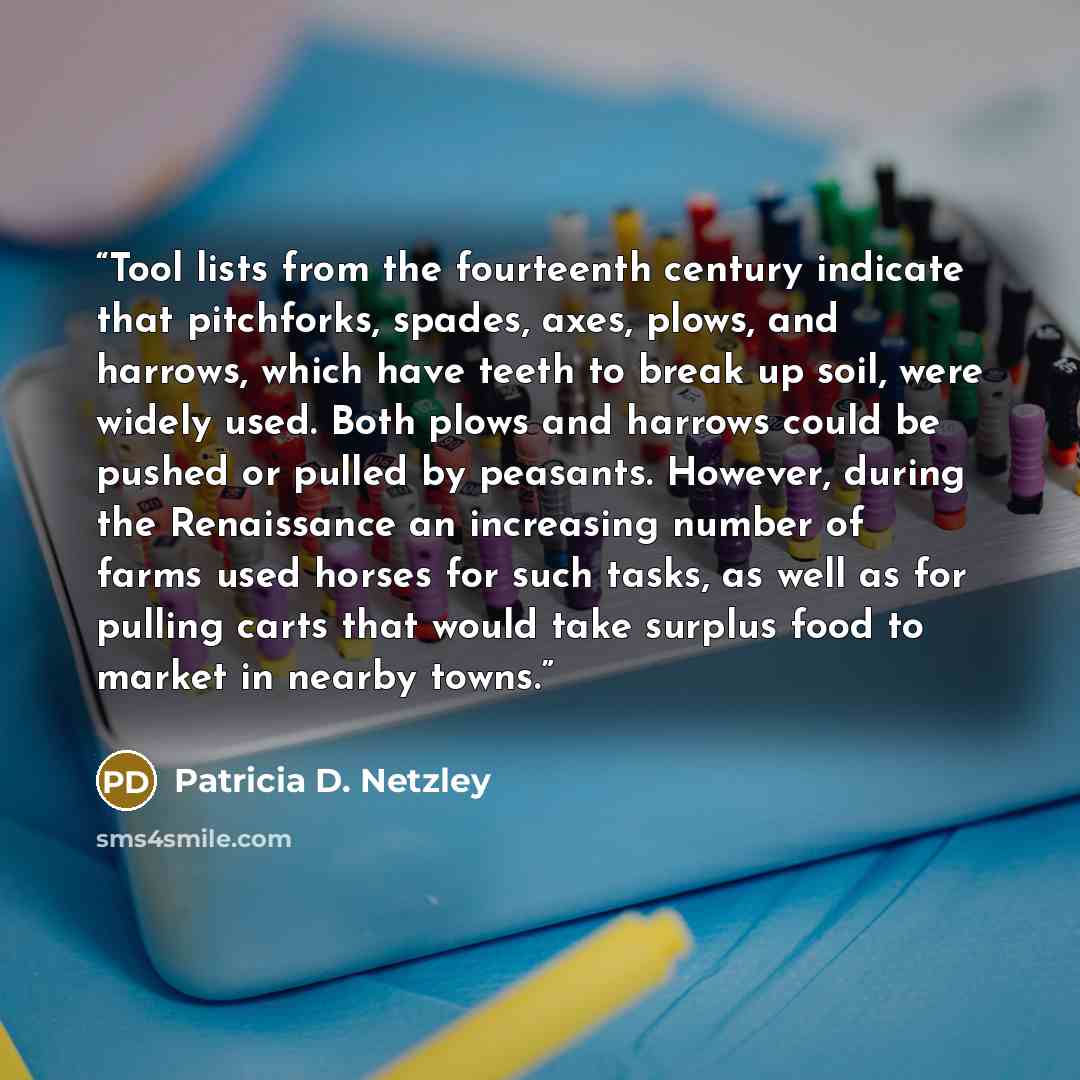 “Tool lists from the fourteenth century indicate that pitchforks, spades, axes, plows, and harrows, which have teeth to break up soil, were widely used. Both plows and harrows could be pushed or pulled by peasants. However, during the Renaissance an increasing number of farms used horses for such…” quote by Patricia D. Netzley