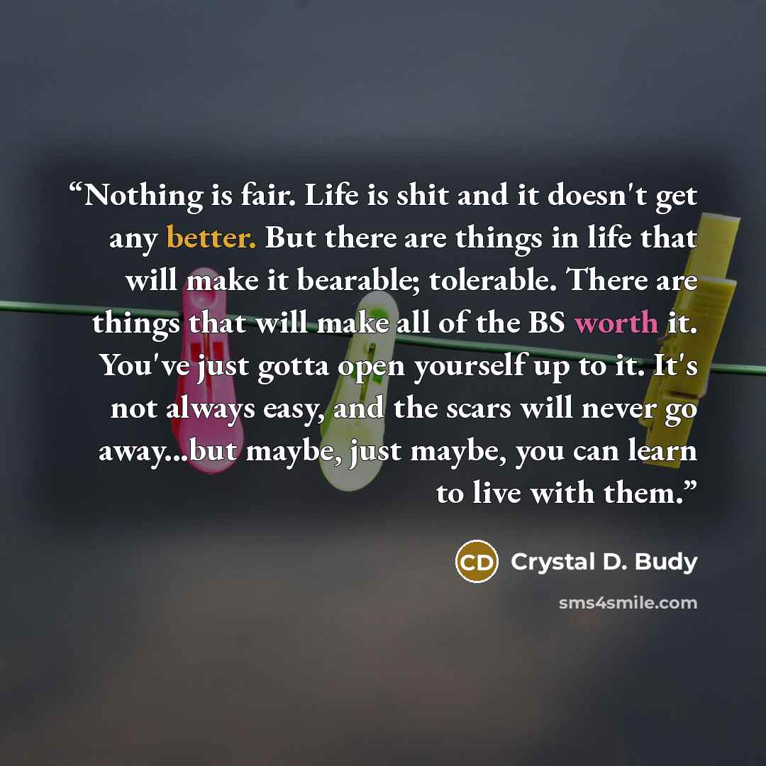 “Nothing is fair. Life is shit and it doesn't get any better. But there are things in life that will make it bearable; tolerable. There are things that will make all of the BS worth it. You've just gotta open yourself up to it. It's not always easy, and the scars will never go away...but maybe…” quote by Crystal D. Budy