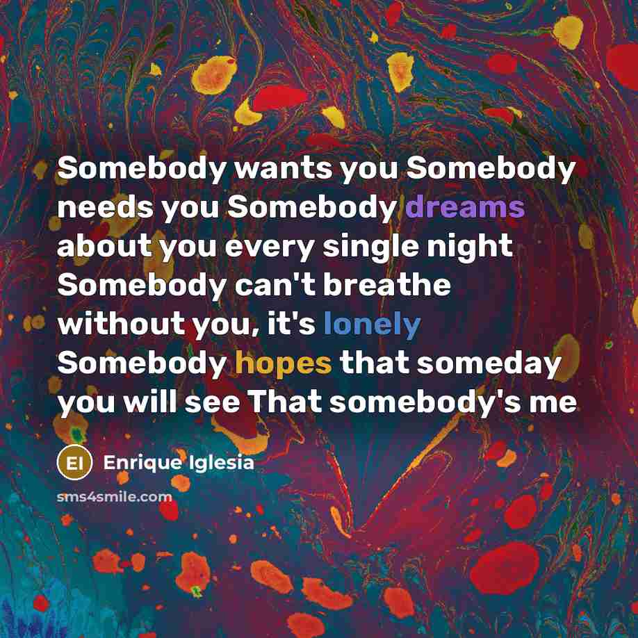 “Somebody wants you Somebody needs you Somebody dreams about you every single night Somebody can't breathe without you, it's lonely Somebody hopes that someday you will see That somebody's me” quote by Enrique Iglesia
