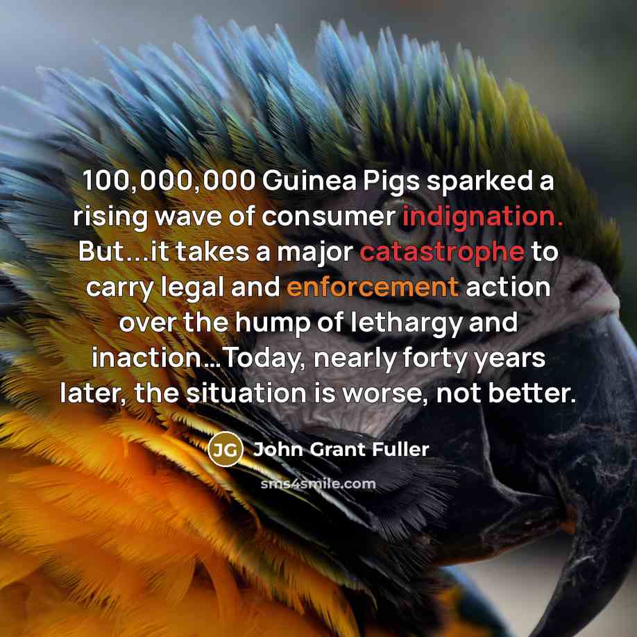 “100,000,000 Guinea Pigs sparked a rising wave of consumer indignation. But...it takes a major catastrophe to carry legal and enforcement action over the hump of lethargy and inaction…Today, nearly forty years later, the situation is worse, not better.” quote by John Grant Fuller