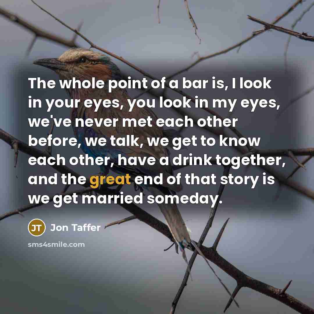 “The whole point of a bar is, I look in your eyes, you look in my eyes, we've never met each other before, we talk, we get to know each other, have a drink together, and the great end of that story is we get married someday.” quote by Jon Taffer