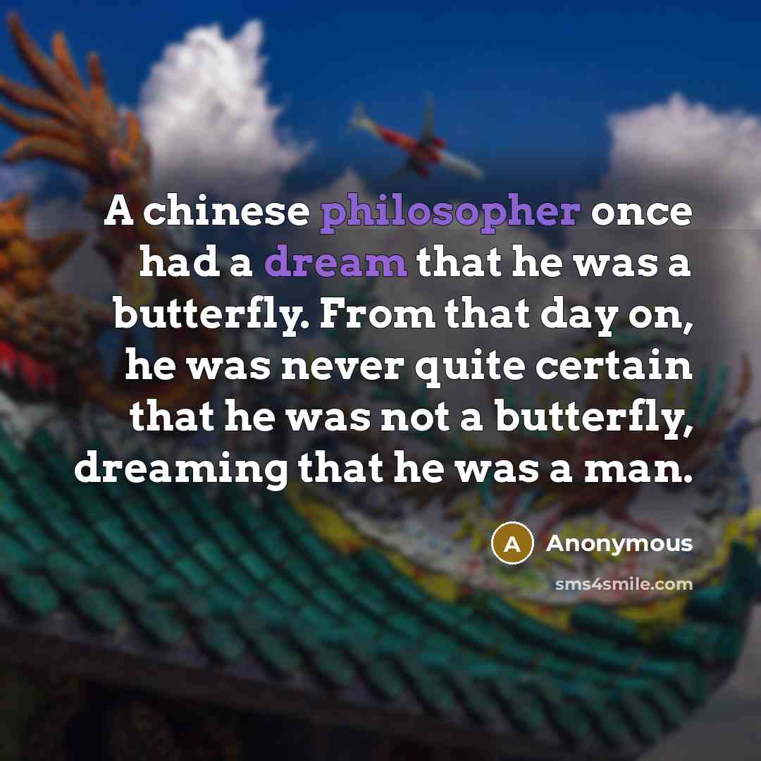 “A chinese philosopher once had a dream that he was a butterfly. From that day on, he was never quite certain that he was not a butterfly, dreaming that he was a man.” quote by Anonymous