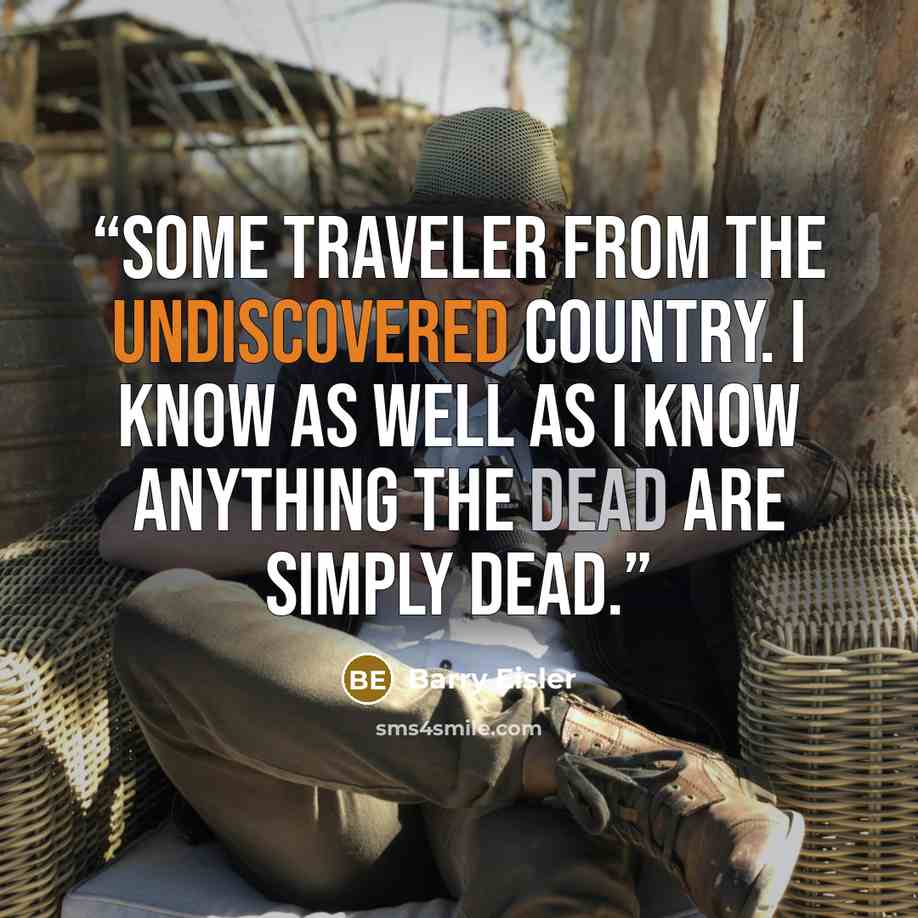 “some traveler from the undiscovered country. I know as well as I know anything the dead are simply dead.” quote by Barry Eisler