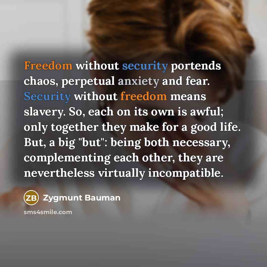 “Freedom without security portends chaos, perpetual anxiety and fear. Security…” quote by Zygmunt Bauman