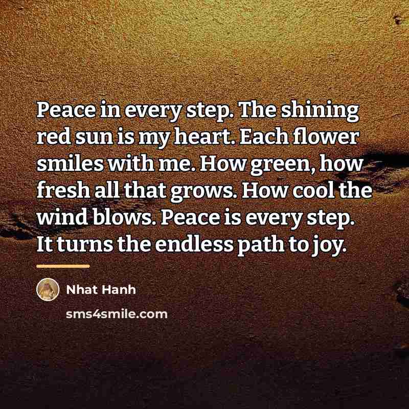 “Peace in every step. The shining red sun is my…” quote by Nhat Hanh