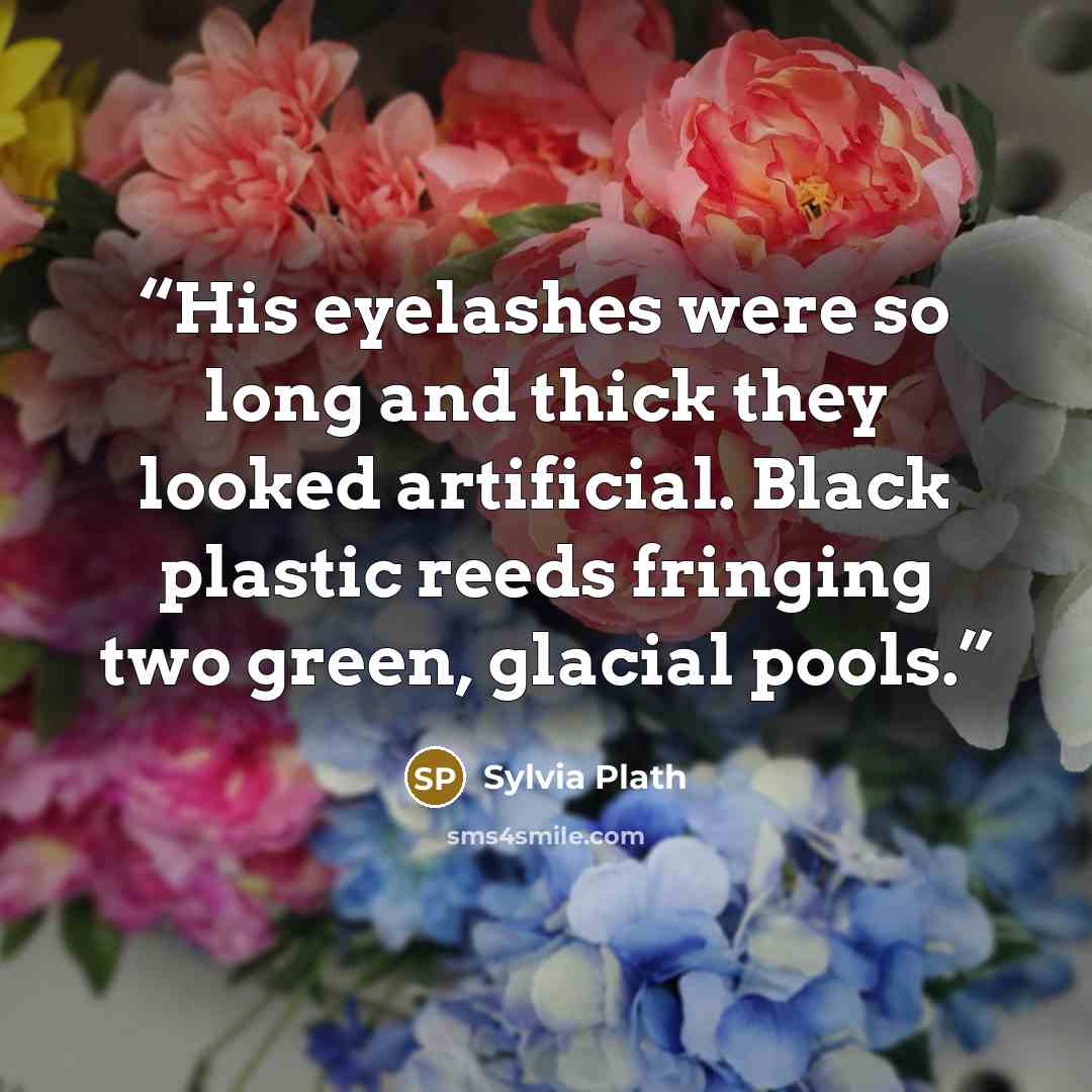 “His eyelashes were so long and thick they looked artificial. Black plastic reeds fringing two green, glacial pools.” quote by Sylvia Plath