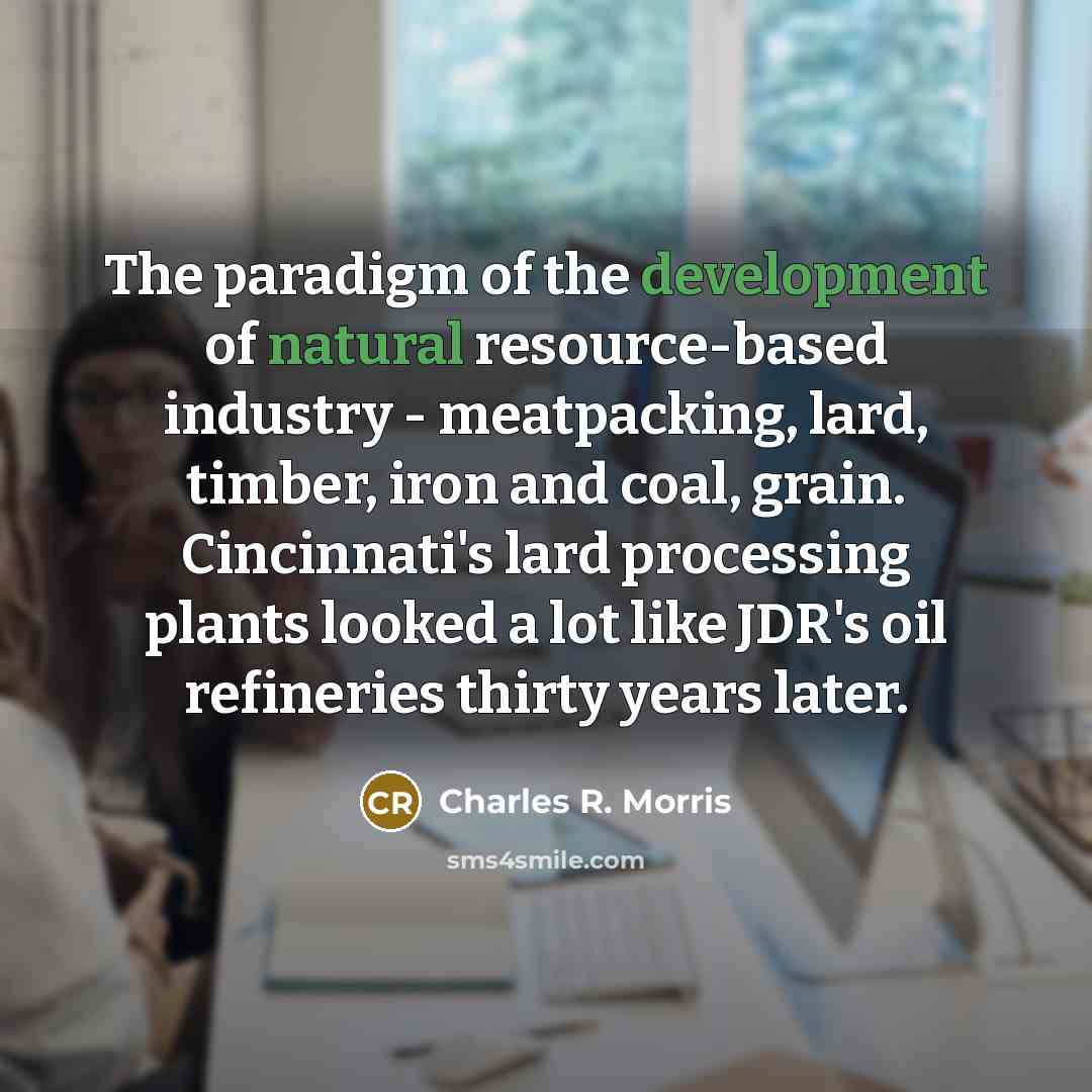 “The paradigm of the development of natural resource-based industry - meatpacking, lard, timber, iron and coal, grain. Cincinnati's lard processing plants looked a lot like JDR's oil refineries thirty years later.” quote by Charles R. Morris