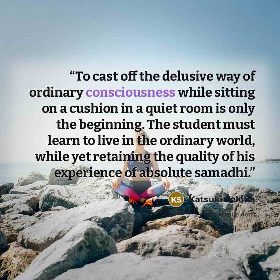 “To cast off the delusive way of ordinary consciousness while sitting on a cushion in a quiet room is only the beginning. The student must learn to live in the ordinary world, while yet retaining the quality of his experience of absolute samadhi.” quote by Katsuki Sekida