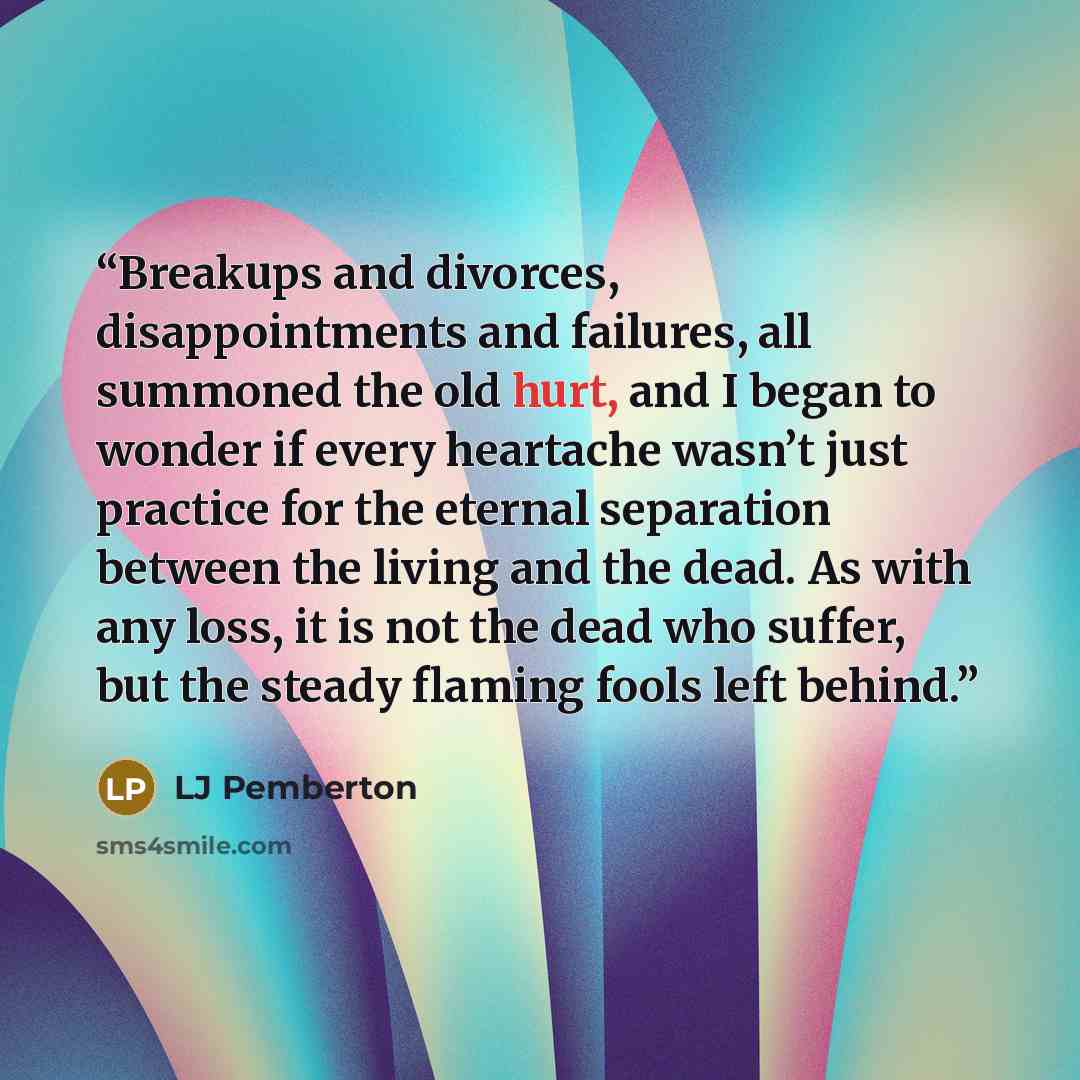 “Breakups and divorces, disappointments and failures, all summoned the old hurt, and I began to wonder if every heartache wasn’t just practice for the eternal separation between the living and the dead. As with any loss, it is not the dead who suffer, but the steady flaming fools left behind.” quote by LJ Pemberton