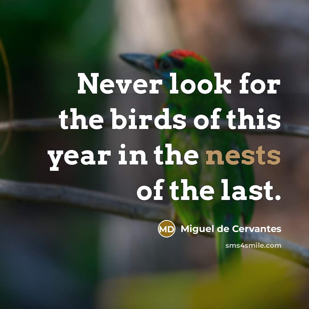 “Never look for the birds of this year in the…” quote by Miguel de Cervantes