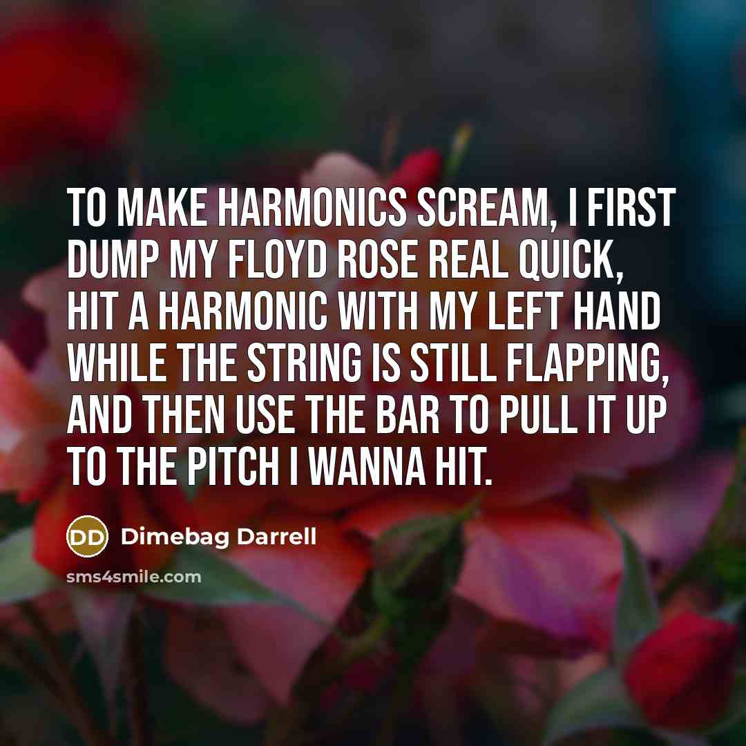 “To make harmonics scream, I first dump my Floyd Rose real quick, hit a harmonic with my left hand while the string is still flapping, and then use the bar to pull it up to the pitch I wanna hit.” quote by Dimebag Darrell