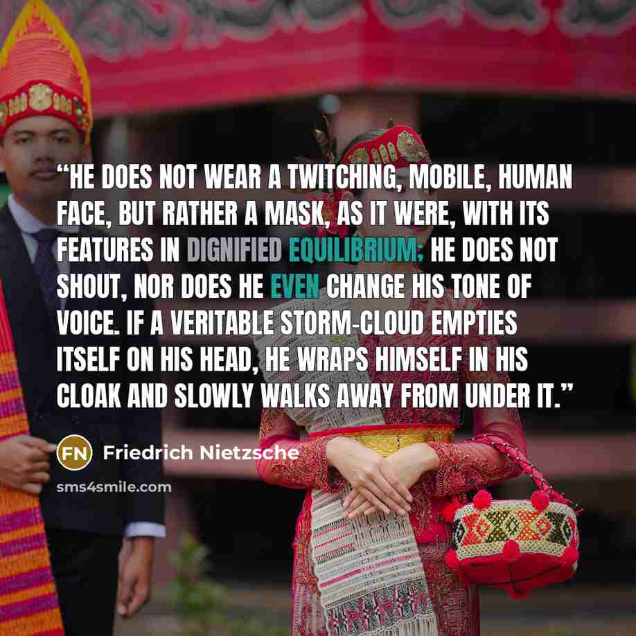 “he does not wear a twitching, mobile, human face, but rather a mask, as it were, with its features in dignified equilibrium; he does not shout, nor does he even change his tone of voice. If a veritable storm-cloud empties itself on his head, he wraps himself in his cloak and slowly walks away from…” quote by Friedrich Nietzsche