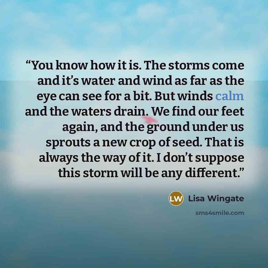 “You know how it is. The storms come and it’s water and wind as far as the eye can see for a bit. But winds calm and the waters drain. We find our feet again, and the ground under us sprouts a new crop of seed. That is always the way of it. I don’t suppose this storm will be any different.” quote by Lisa Wingate