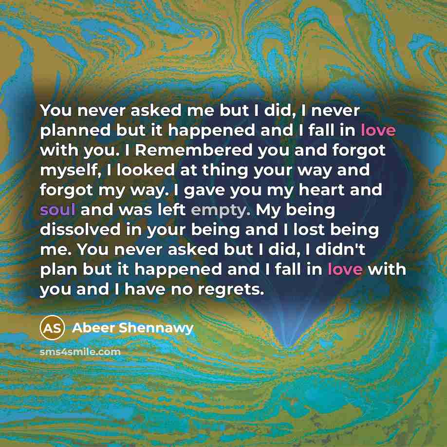 “You never asked me but I did, I never planned…” quote by Abeer Shennawy