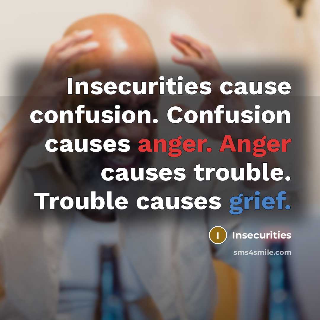 “Insecurities cause confusion. Confusion causes anger. Anger causes trouble. Trouble causes grief.” quote by Insecurities