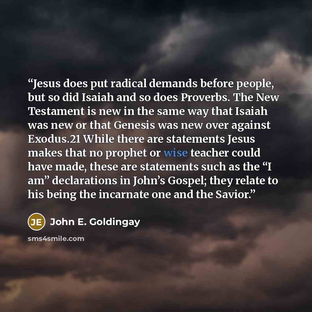 “Jesus does put radical demands before people, but so did Isaiah and so does Proverbs. The New Testament is new in the same way that Isaiah was new or that Genesis was new over against Exodus.21 While there are statements Jesus makes that no prophet or wise teacher could have made, these are…” quote by John E. Goldingay