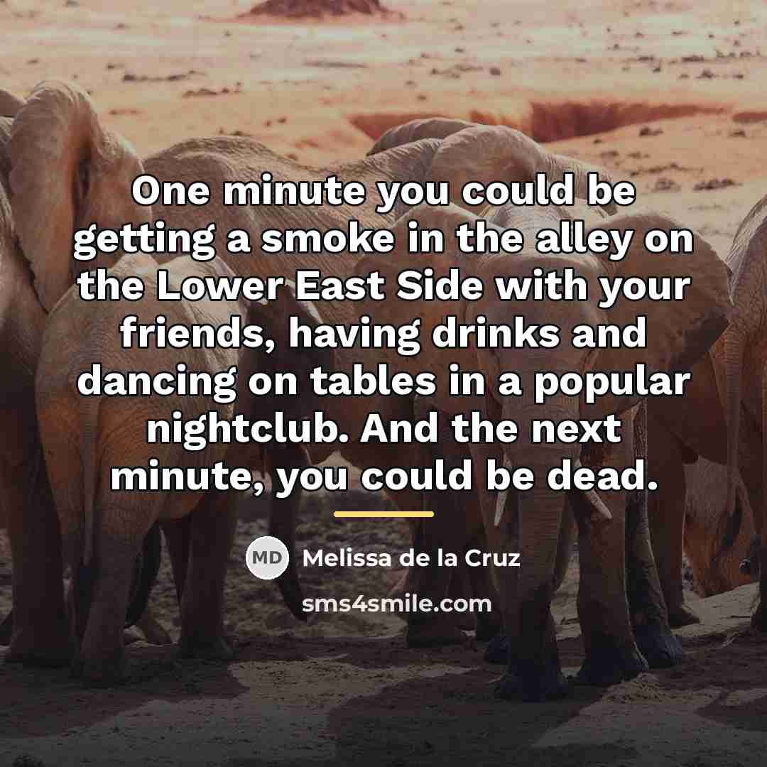 “One minute you could be getting a smoke in the…” quote by Melissa de la Cruz
