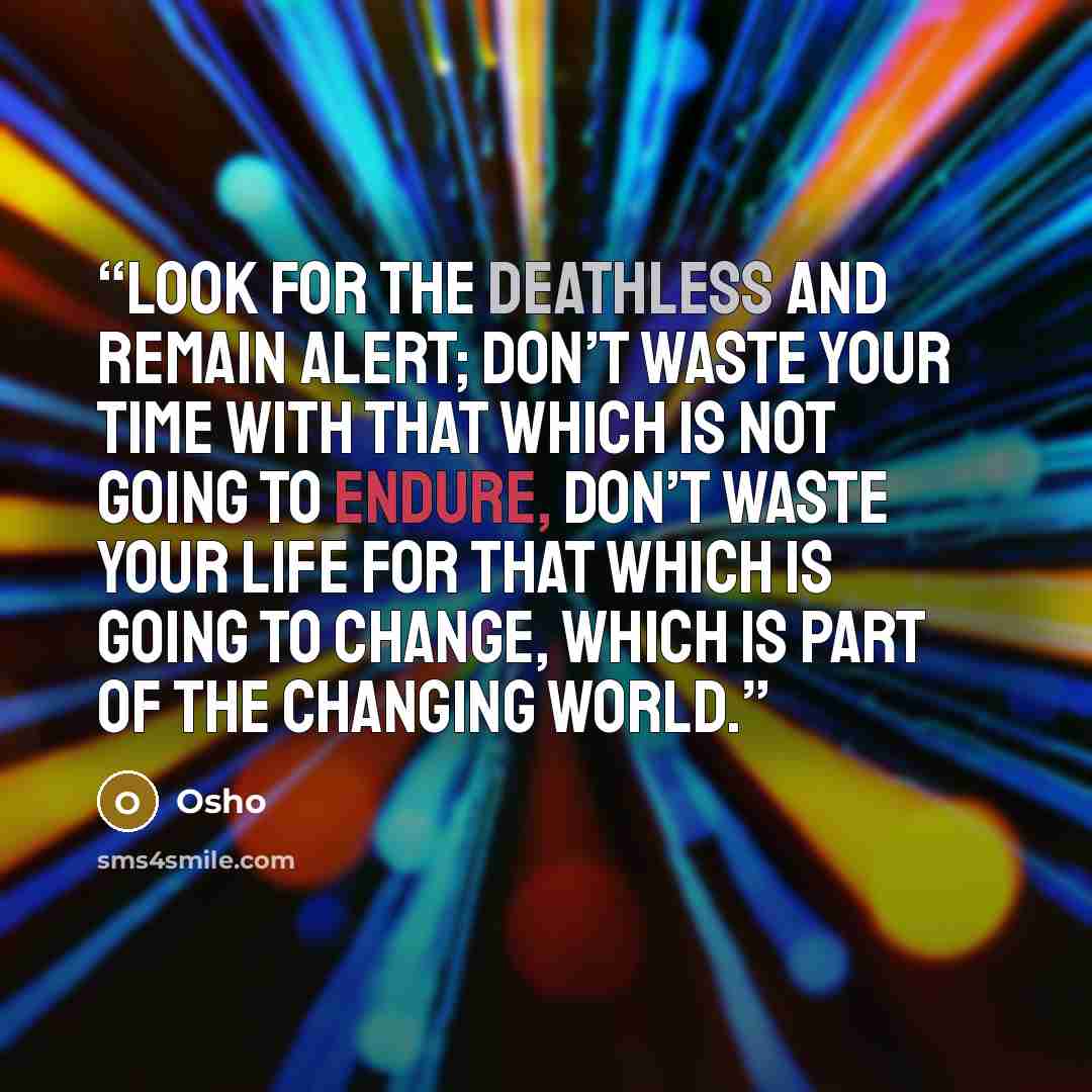“Look for the deathless and remain alert; don’t waste your time with that which is not going to endure, don’t waste your life for that which is going to change, which is part of the changing world.” quote by Osho