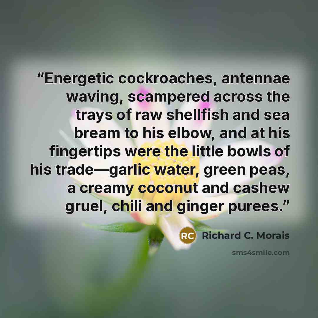 “Energetic cockroaches, antennae waving, scampered across the trays of raw shellfish and sea bream to his elbow, and at his fingertips were the little bowls of his trade—garlic water, green peas, a creamy coconut and cashew gruel, chili and ginger purees.” quote by Richard C. Morais
