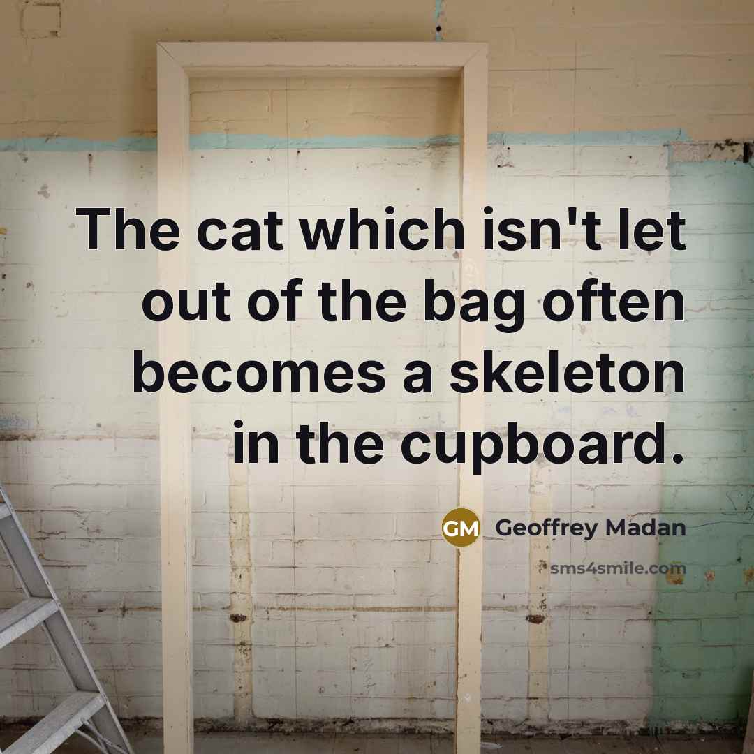 “The cat which isn't let out of the bag often…” quote by Geoffrey Madan
