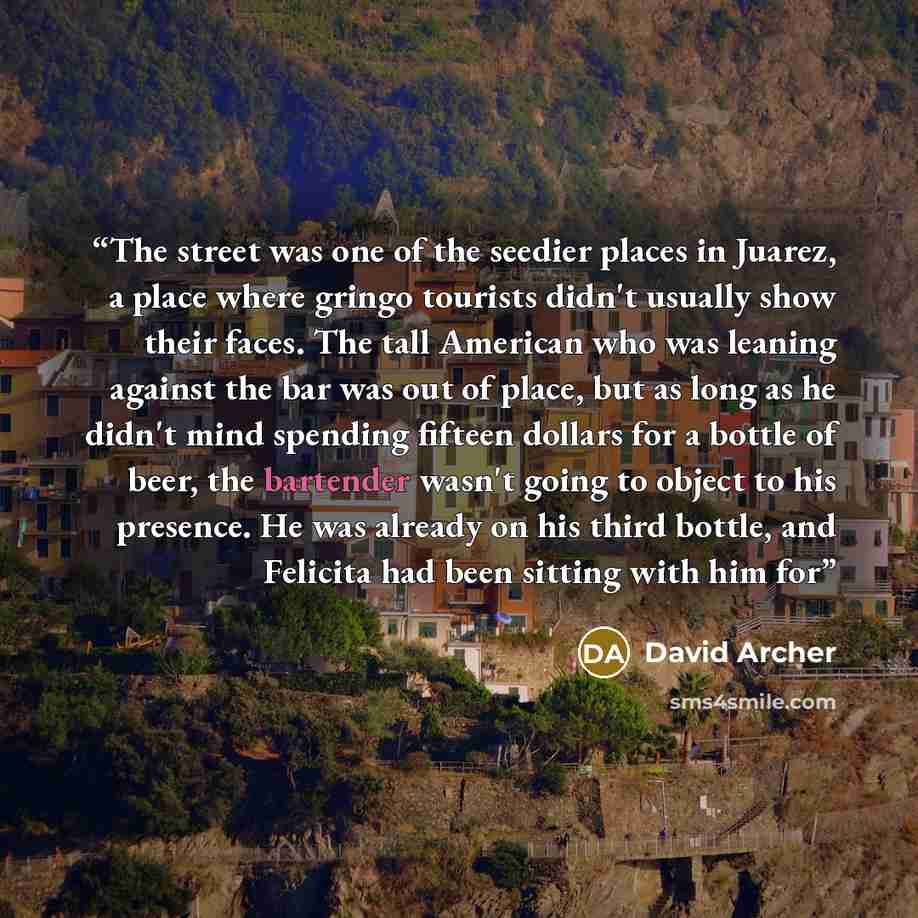 “The street was one of the seedier places in Juarez, a place where gringo tourists didn't usually show their faces. The tall American who was leaning against the bar was out of place, but as long as he didn't mind spending fifteen dollars for a bottle of beer, the bartender wasn't going to object…” quote by David Archer