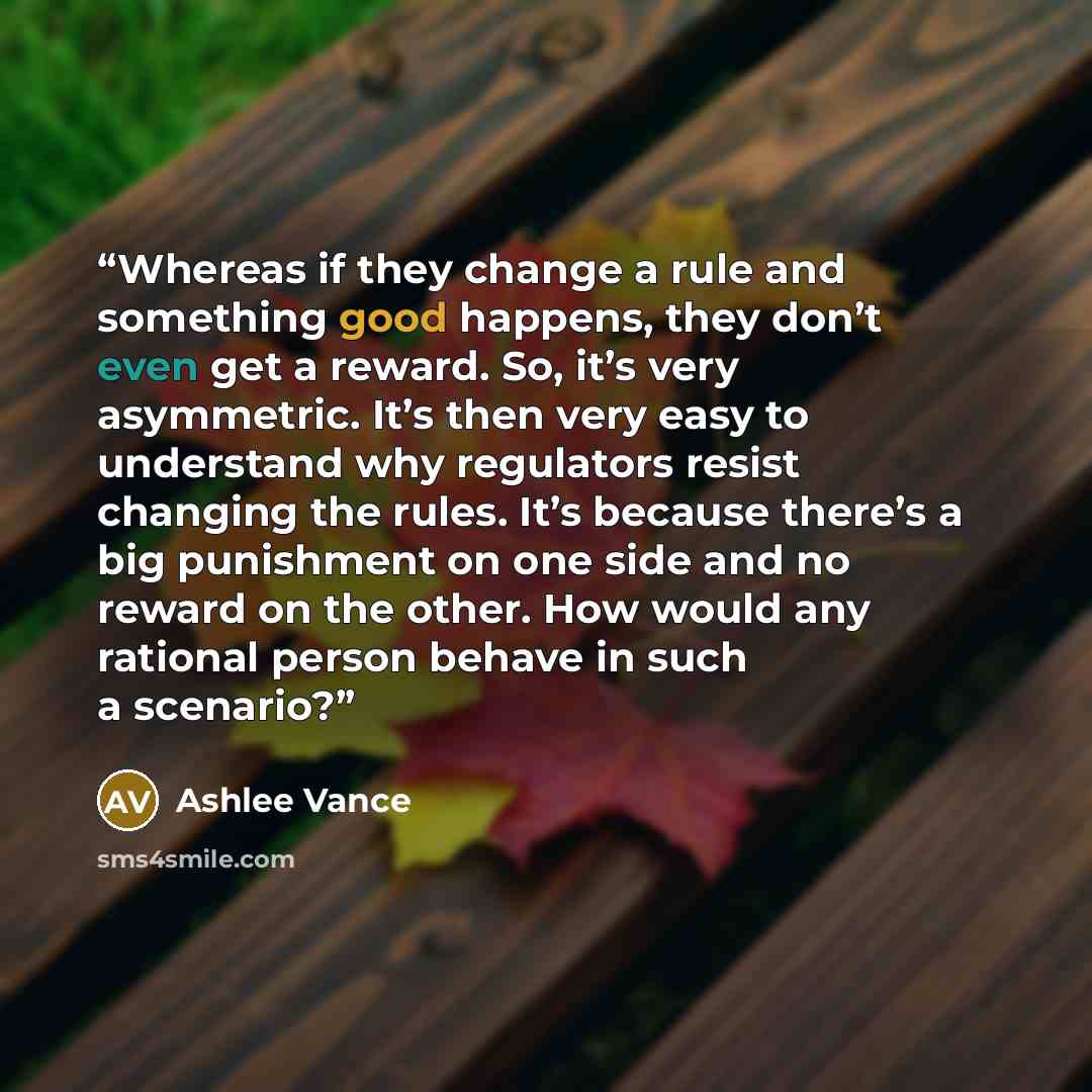 “Whereas if they change a rule and something good happens, they don’t even get a reward. So, it’s very asymmetric. It’s then very easy to understand why regulators resist changing the rules. It’s because there’s a big punishment on one side and no reward on the other. How would any rational person…” quote by Ashlee Vance