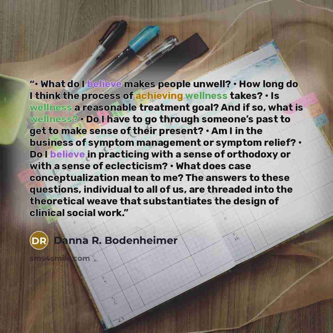 “​• ​What do I believe makes people unwell? ​• ​How long do I think the process of achieving wellness takes? ​• ​Is wellness a reasonable treatment goal? And if so, what is wellness? ​• ​Do I have to go through someone’s past to get to make sense of their present? ​• ​Am I in the business of…” quote by Danna R. Bodenheimer
