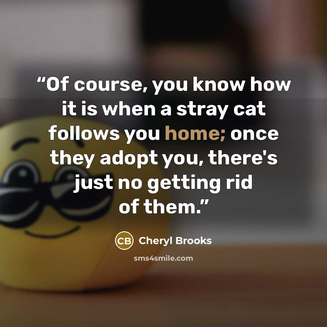 “Of course, you know how it is when a stray cat follows you home; once they adopt you, there's just no getting rid of them.” quote by Cheryl Brooks
