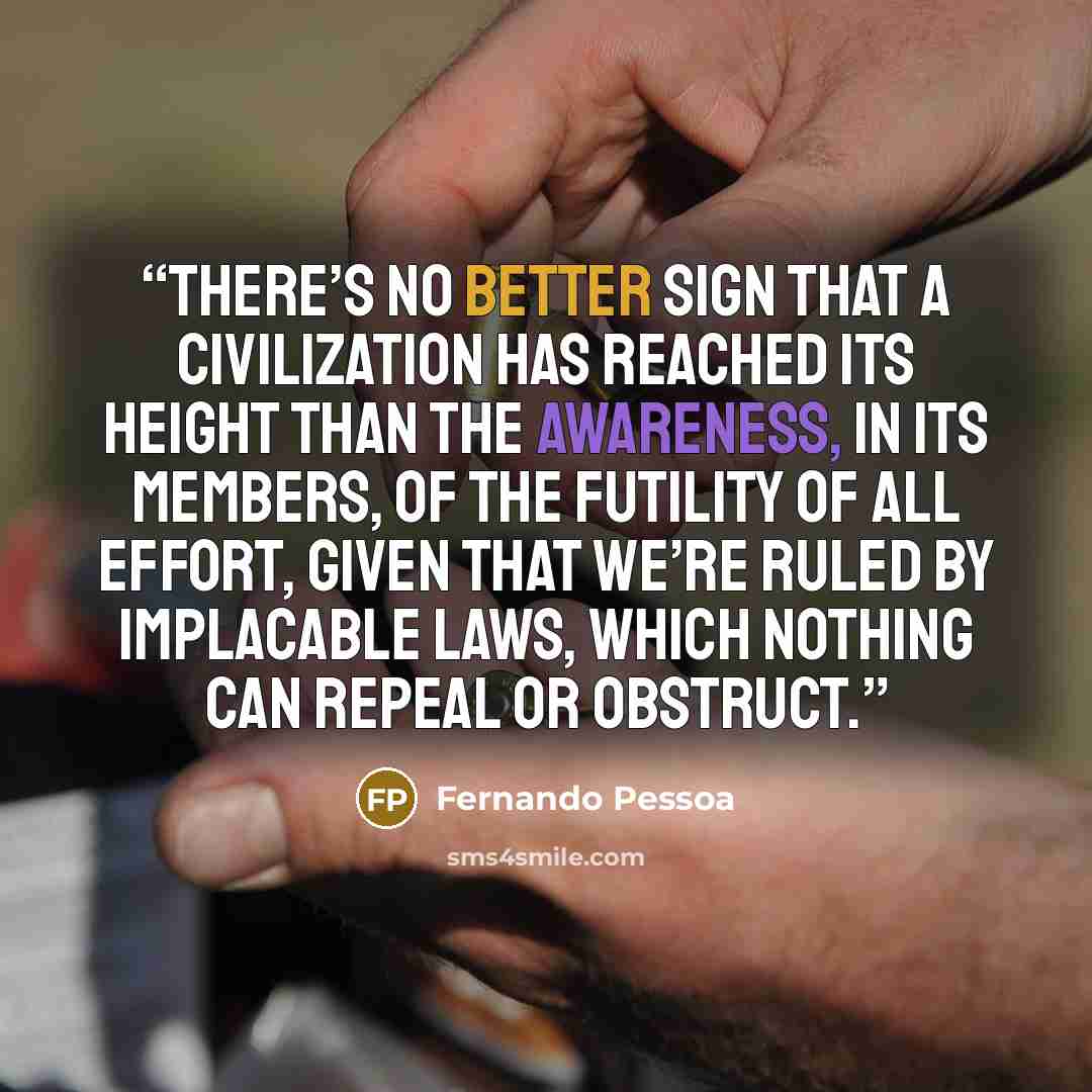 “There’s no better sign that a civilization has reached its height than the awareness, in its members, of the futility of all effort, given that we’re ruled by implacable laws, which nothing can repeal or obstruct.” quote by Fernando Pessoa