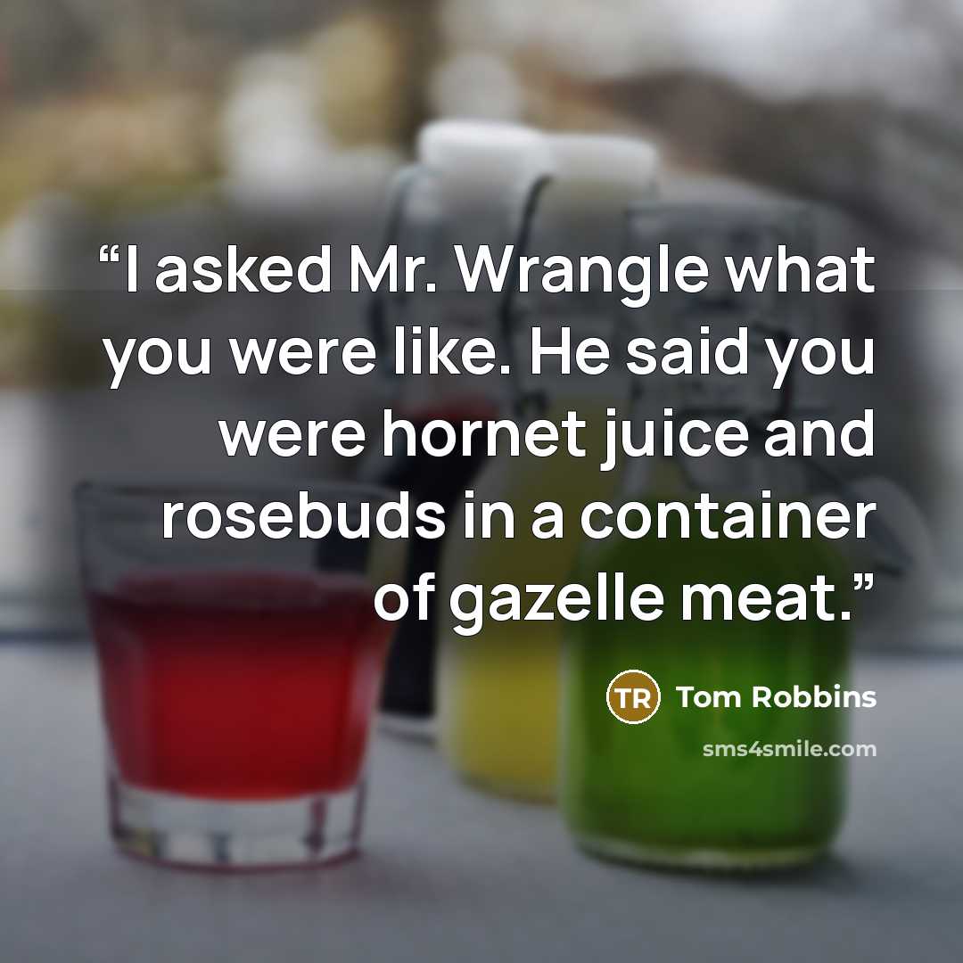 “I asked Mr. Wrangle what you were like. He said you were hornet juice and rosebuds in a container of gazelle meat.” quote by Tom Robbins