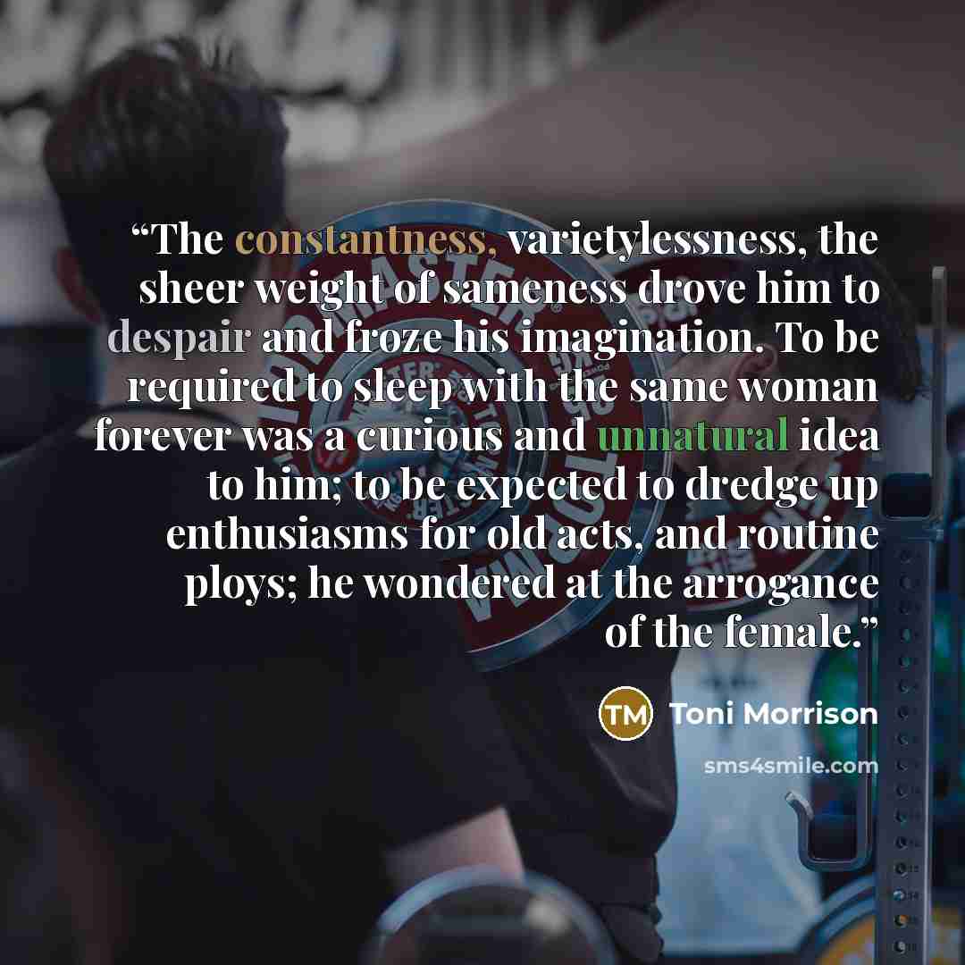 “The constantness, varietylessness, the sheer weight of sameness drove him to despair and froze his imagination. To be required to sleep with the same woman forever was a curious and unnatural idea to him; to be expected to dredge up enthusiasms for old acts, and routine ploys; he wondered at the…” quote by Toni Morrison