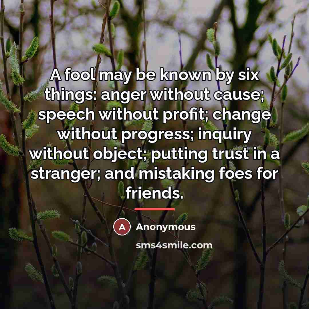 “A fool may be known by six things: anger without…” quote by Anonymous