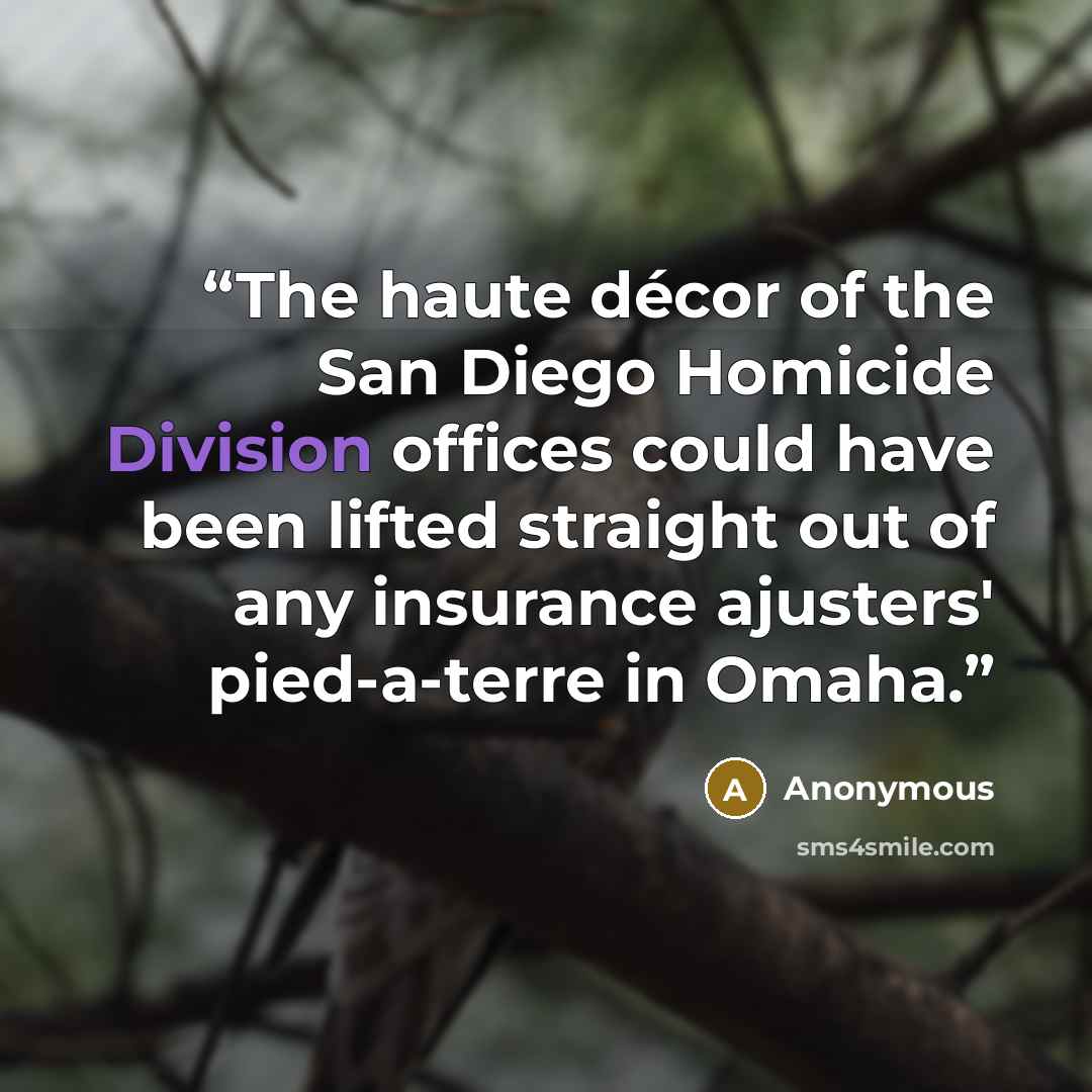 “The haute décor of the San Diego Homicide Division offices could have been lifted straight out of any insurance ajusters' pied-a-terre in Omaha.” quote by Anonymous