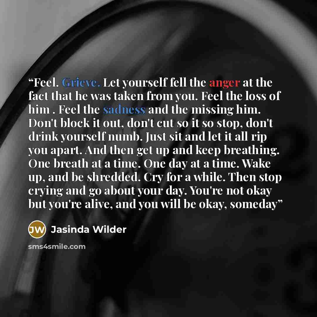 “Feel. Grieve. Let yourself fell the anger at the fact that he was taken from you. Feel the loss of him . Feel the sadness and the missing him. Don't block it out, don't cut so it so stop, don't drink yourself numb. Just sit and let it all rip you apart. And then get up and keep breathing. One…” quote by Jasinda Wilder