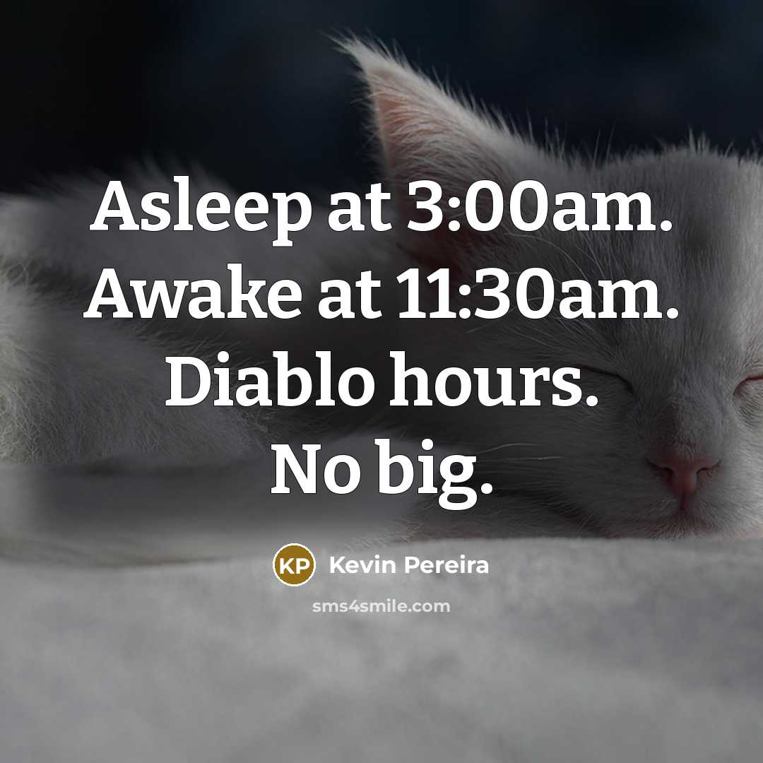 “Asleep at 3:00am. Awake at 11:30am. Diablo hours. No big.…” quote by Kevin Pereira
