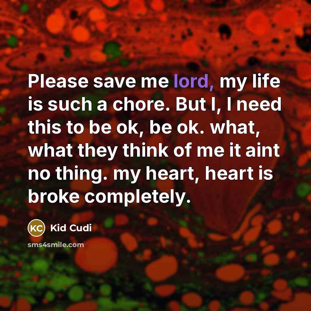 “Please save me lord, my life is such a chore. But I, I need this to be ok, be ok. what, what they think of me it aint no thing. my heart, heart is broke completely.” quote by Kid Cudi