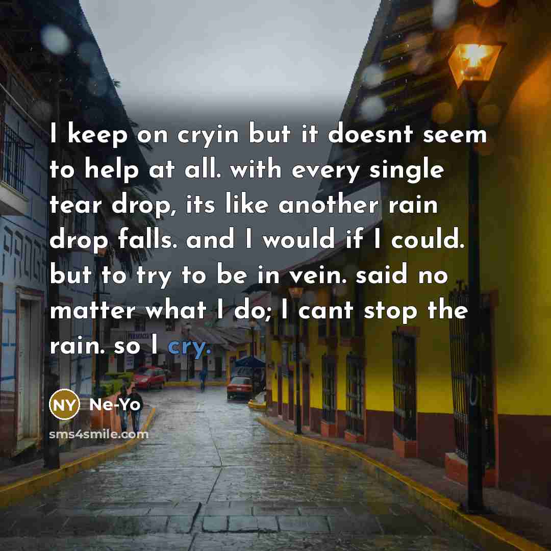 “I keep on cryin but it doesnt seem to help at all. with every single tear drop, its like another rain drop falls. and I would if I could. but to try to be in vein. said no matter what I do; I cant stop the rain. so I cry.” quote by Ne-yo